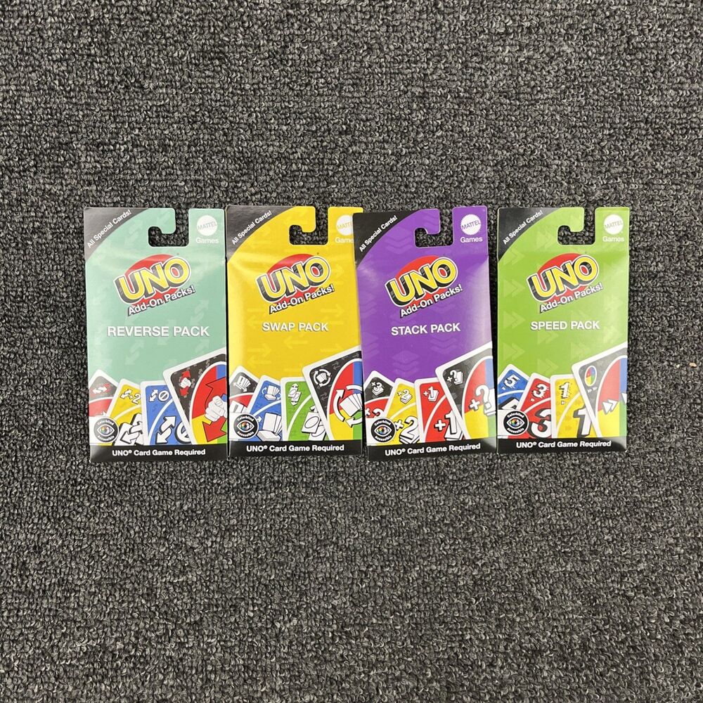 NEW Mattel Uno Add-On Packs Lot of 4 ~ Stack Reverse Swap Speed